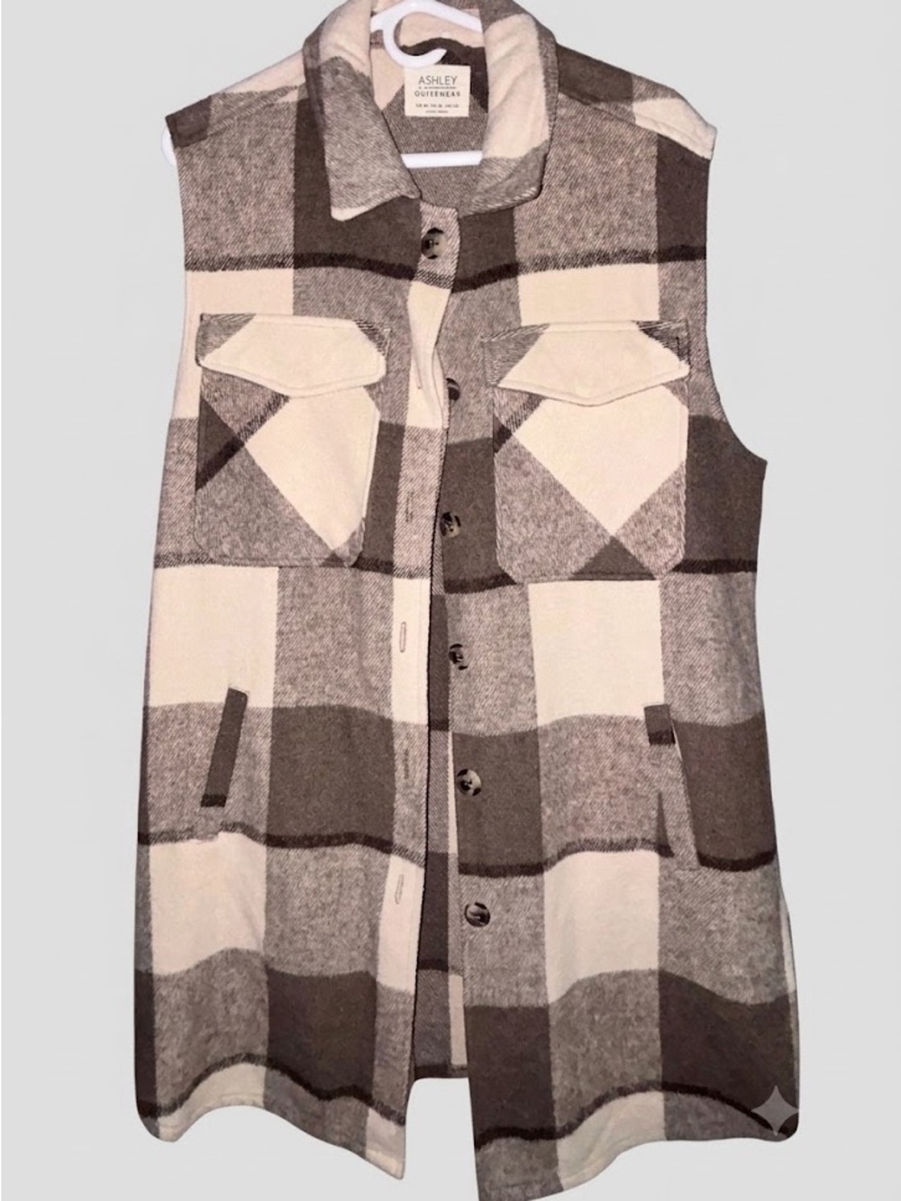 Ashley By 26 International Brown and Cream Plaid Button Vest